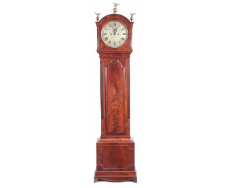 A GEORGE III MAHOGANY CASED LONGCASE CLOCK with arched top hood above a bridge top trunk door on box base, the later 12" silv