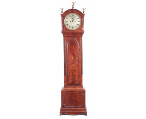 A GEORGE III MAHOGANY CASED LONGCASE CLOCK with arched top hood above a bridge top trunk door on box base, the later 12" silv