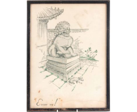 AN EARLY 20th CENTURY HUMOROUS DOG OF FOO PRINT "EXCUSE ME" 38cm high 28cm wide glazed in black frame
