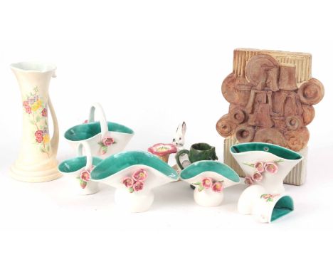 A SELECTION OF POTTERY inc SEVEN BRETBY POSIES, a Radford jug, a Rook pottery slab vase 30cm high, a green owl jug, a rabbit 