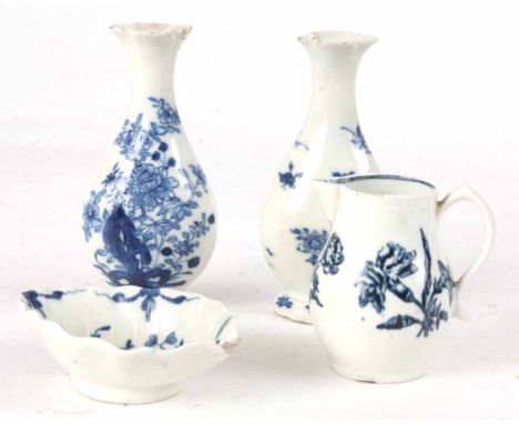 A WORCESTER TYPE BLUE AND WHITE PORCELAIN SPARROW BEAK JUG 8cm high, together with Worcester type leaf dish 10cm wide and a p