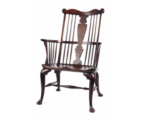 A 20TH CENTURY COPY OF A LARGE THAMES VALLEY YEW-WOOD WINDSOR CHAIR with shaped top rail and tapering vase shaped centre spla