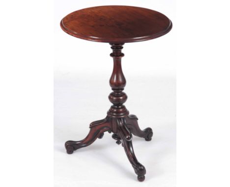 A VICTORIAN OCCASIONAL TABLE on a mahogany ring turned stem tripod cabriole legs and stained pine circular top 71cm high 51.5