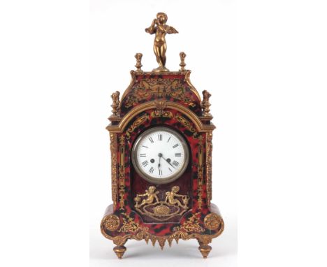 A 20th CENTURY FRENCH FAUX TORTOISESHELL AND BRASS INLAID BRACKET CLOCK surmounted with a gilt cherub on a caddy style top wi