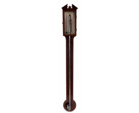 POCHAINE, NEWCASTLE. AN EARLY 19th CENTURY MAHOGANY CASED STICK BAROMETER with chequered strung inlay and silvered calibrated