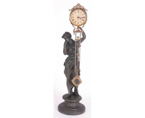 A LATE 19th CENTURY FRENCH MYSTERY FIGURAL MANTLE CLOCK with classical maiden holding the large brass and steel swinging pend