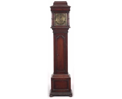 A 20TH CENTURY OAK TRIPLE WEIGHT DRIVEN GRAND DAUGHTER CLOCK with square brass dial having an engraved centre fronting an eig