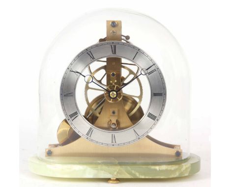 AN UNUSUAL THREE WHEEL SKELETON CLOCK ON ONYX BASE the 5.5" silvered engraved chapter ring fronting a six spoke movement, pos