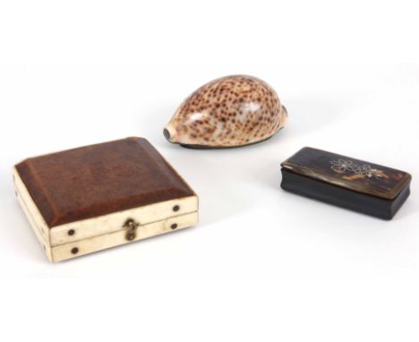 A19th CENTURY HORN AND TORTOISE SHELL SNUFF BOX 6cm wide, together with a courie shell and brass snuff box 7.5cm and a Amboyn