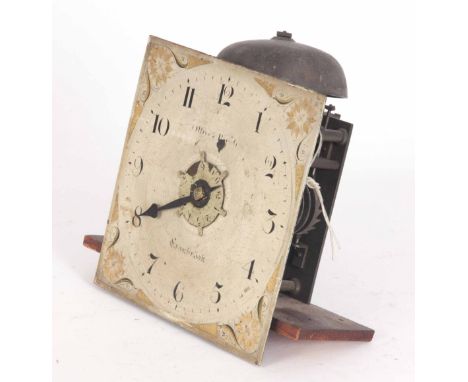 A SMALL LATE 18th CENTURY HOODED WALL CLOCK MOVEMENT with 8" painted square dial with Arabic numerals and alarm disc to centr