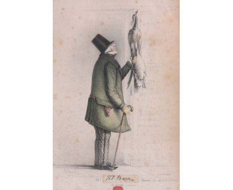 A PRINT OF MAN WITH HANGING GAME French 19th century 31cm high 21cm wide mounted in a glazed gilt frame