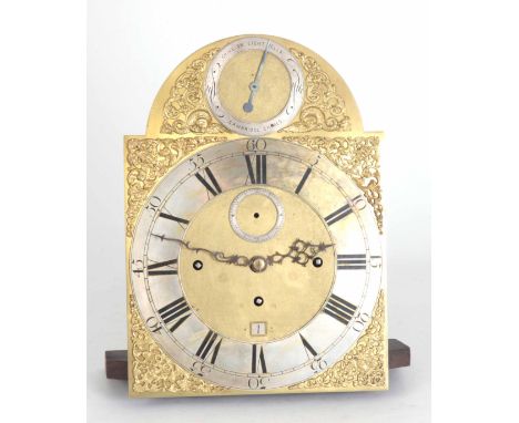 A VICTORIAN THREE TRAIN QUARTER CHIMING LONGCASE CLOCK MOVEMENT with Georgian 12" arched dial with tune selector to the arch 