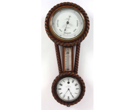 AN EARLY 20th CENTURY CLOCK, THERMOMETER, BAROMETER in an oak rope edge wall hanging case 41cm high