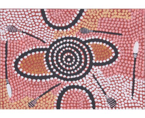 AN ABORIGINAL SAND PAINTING BY BILLY STOCKMAN, FROM THE ANMATJIRA ARANDA TRIBE Titled Man Story, depicting Men sitting around