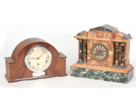 A 19th CENTURY GREEN AND ORANGE ARCHITECTURAL CASED MANTLE CLOCK with 4" gilt brass dial fronting a French spring driven stri