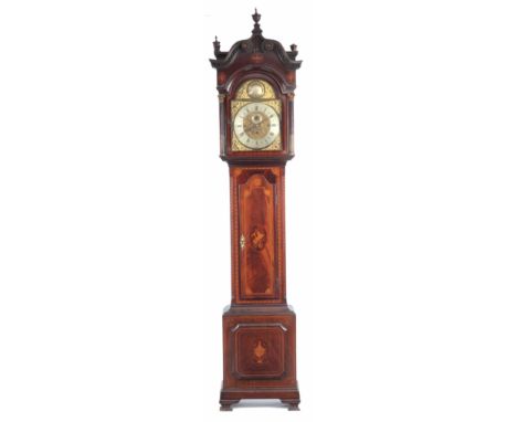 A LATE 19th CENTURY QUARTER STRIKING LONGCASE CLOCK the flamed mahogany case with arched hood swan neck pediment and dentil m