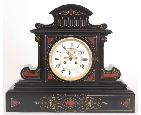 A 19th CENTURY BLACK AND RED MARBLE CASED MANTLE CLOCK, with gilt decoration, inclosing an enamel dial with visible escapemen