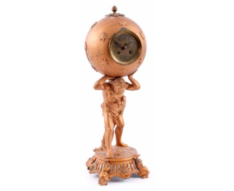 A LATE 19TH CENTURY SPELTER CASED FIGURAL MANTLE CLOCK formed as Atlas holding up the planets stood on the naturalistic base 