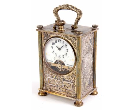 A FRENCH LATE 19th CENTURY MINIATURE CARRIAGE CLOCK the silver plated case with embossed foliate decoration and classical sce