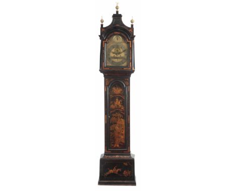 WILLIAM CARTER LONDON, A MID 18TH CENTURY EIGHT DAY CHINOISERIE LACQUERED LONGCASE CLOCK, the 12" brass dial with cast brass 