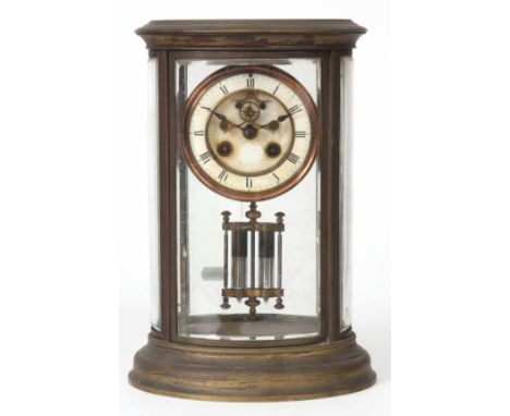 A LATE 19th CENTURY FRENCH OVAL FOUR GLASS MANTEL CLOCK the brass case framing four curved bevelled glass panels with hinged 