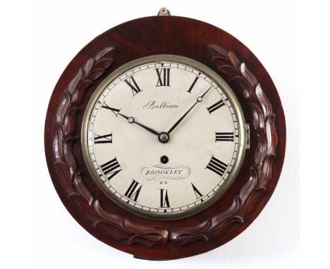 BALBIANI, BROOKLEY AN EARLY 19th CENTURY 8" CONVEX DIAL WALL CLOCK the mahogany drum style case with applied leaf-work carvin