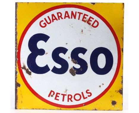 A VINTAGE DOUBLE SIDED ENAMEL ESSO SIGN with a hanging flange 56cm high 56cm wide