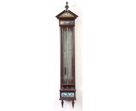 J.M. PAGANI, GRONINGEN. A 19th CENTURY OAK CASED DUTCH BAROMETER with architectural pediment inset with reverse painted panel