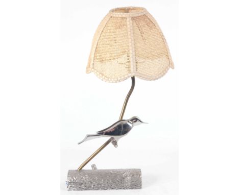 A CHROME AND BRASS LAMP WITH A BIRD 50cm high