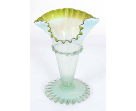 A VASELINE GLASS TRUMPET SHAPED VASE WITH CRIMPED EDGES 22.5cm high