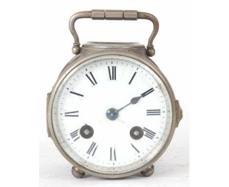 AN EARLY 20th CENTURY FRENCH DRUM SHAPED CARRIAGE CLOCK with 3.5" porcelain dial fronting an eight day striking movement on a