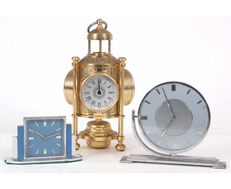 A SELECTION OF THREE MANTLE CLOCKS, one formed as a lantern with clock, barometer and thermometer, and two chrome plated deco