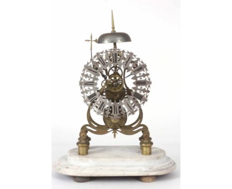 A 19TH CENTURY EIGHT-DAY BRASS SKELETON CLOCK with scroll-shaped frame, silvered chapter ring, passing hour strike and five-s