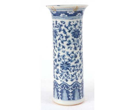 A 19th CENTURY CHINESE BLUE AND WHITE PORCELAIN SLEEVE VASE 44cm high.