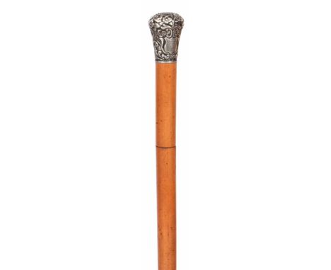 A 19TH CENTURY MALACCA SILVER MOUNTED SWORD STICK with repousse work floral handle and double edge embossed blade 90cm overal