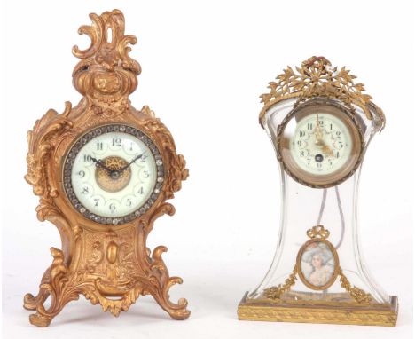 A COLLECTION OF TWO LATE 19th CENTURY MANTLE CLOCKS the first with gilt rococo style case enclosing a 2.5" enamel dial surrou