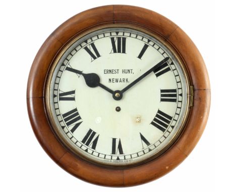 ERNEST HUNT, NEWARK AN EARLY 20th CENTURY FUSEE WALL CLOCK the moulded segmented mahogany surround enclosing a 12" painted di