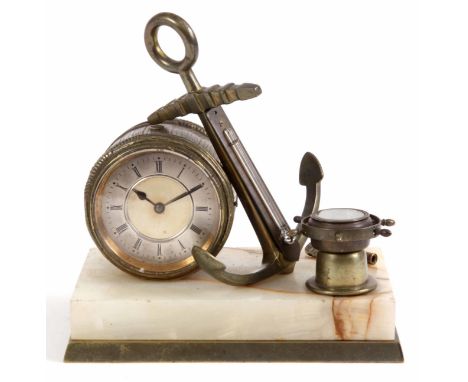 A LATE 19th CENTURY NAUTICAL FRENCH INDUSTRIAL DESK CLOCK formed as a barrel enclosing a 2.5" silvered engraved Roman dial fr