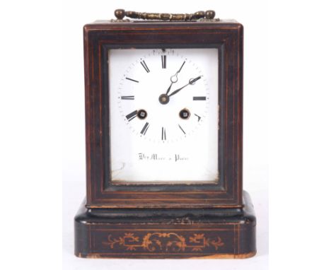 A MID 19th CENTURY FRENCH ROSEWOOD INLAID CARRIAGE STYLE MANTLE CLOCK enclosing a 3.5" rectangular porcelain dial fronting a 