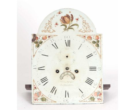 A GEORGE III PAINTED 12" ARCH DIAL LONGCASE CLOCK MOVEMENT having strawberry style dial with floral arch fronting an eight-da