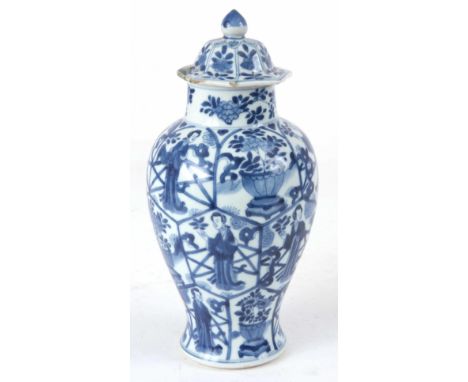 A 19th CENTURY CHINESE BLUE AND WHITE LIDDED BALUSTER VASE with octagonal lid single character mark 25cm high