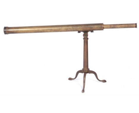 A 20TH CENTURY BRASS TABLE TELESCOPE with tripod stand - signed Adams London, the barrel 65cm long 4.5cm diameter.