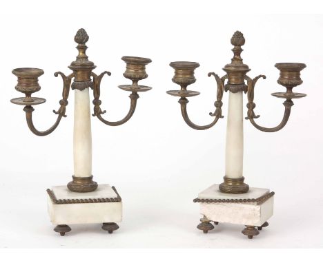 A PAIR OF ORMOLU AND MARBLE TWO BRANCH CANDELABRA 27cm high