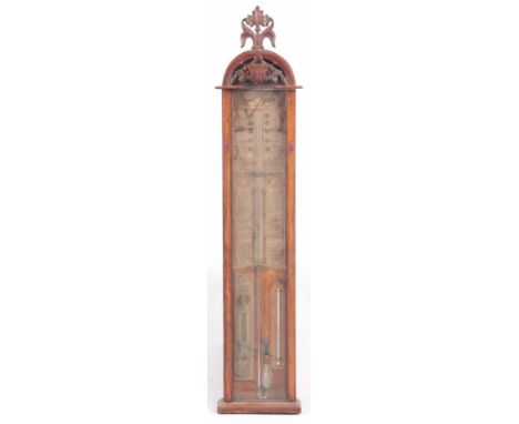 A LATE 19th CENTURY OAK CASED ADMIRAL FITZROY BAROMETER having a carved pediment above glazed case enclosing a paper calibrat