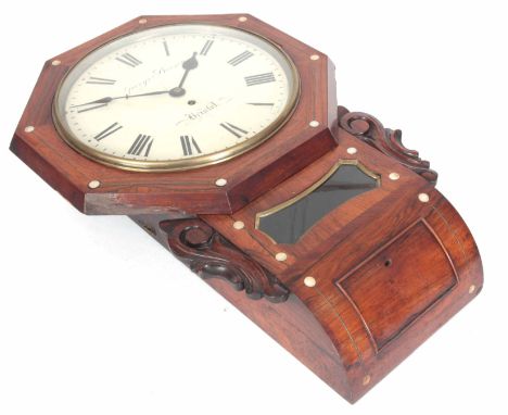 A MID 19th CENTURY ENGLISH ROSEWOOD FUSEE WALL CLOCK the case inlaid with mother-of-pearl having an octagonal surround enclos