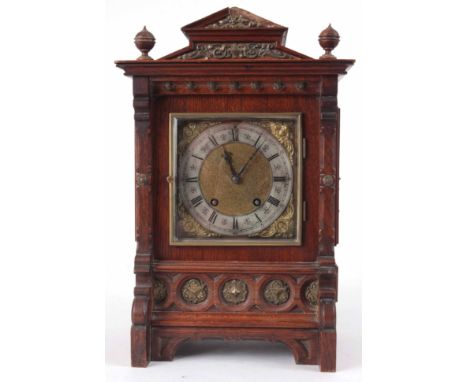 A LATE 19th CENTURY OAK CASED GERMAN LENZKIRCH BRACKET CLOCK with architectural style case with applied brass mounts enclosin
