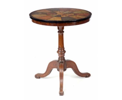 A MID VICTORIAN PAINTED SLATE AND WALNUT CIRCULAR OCCASIONAL TABLE having a faux marble painted segmented top above a ring tu