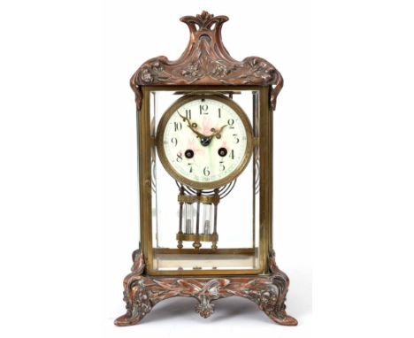 A LATE 19th CENTURY FRENCH ART NOUVEAU STYLE MANTEL CLOCK with floral draped pediment and matching plinth base below a brass 