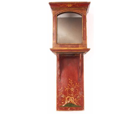 AN 18TH CENTURY RED LACQUERED HOODED WALL CLOCK CASE with 7" arched glazed aperture to the sliding hood with chinoiserie deco