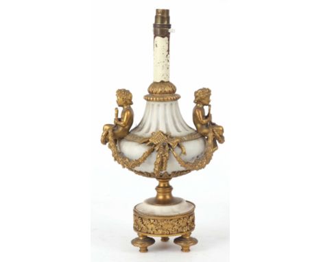 AN 19TH CENTURY WHITE MARBLE AND ORMALU LAMP WITH FAUNS AND GARLANDS